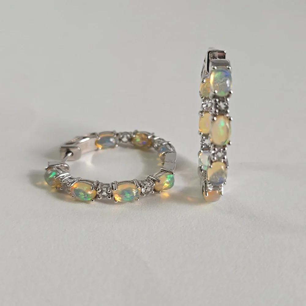 Watch Video / Extraordinary Sterling Silver 925 Opal Hoop Earrings